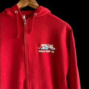 Vintage 1995 Zip Up Hoodie Shore Cliff Car Show Jerzees USA Red Sweatshirt